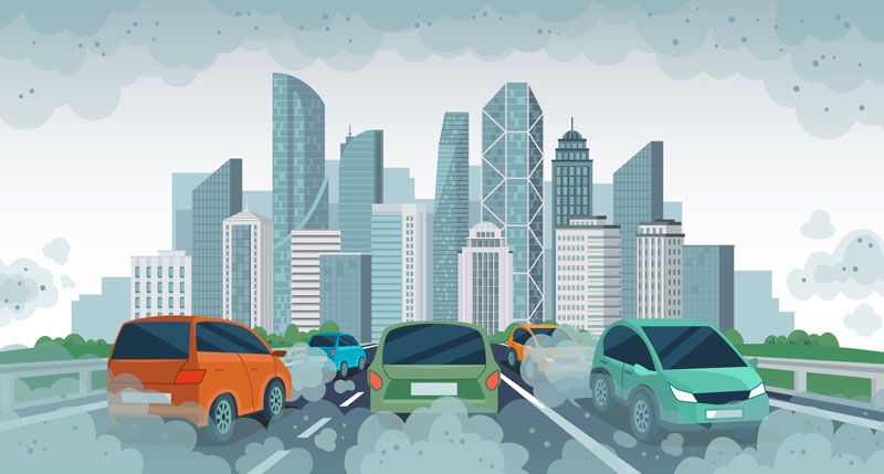 Voitures qui se déplacent en ville et qui polluent beaucoup