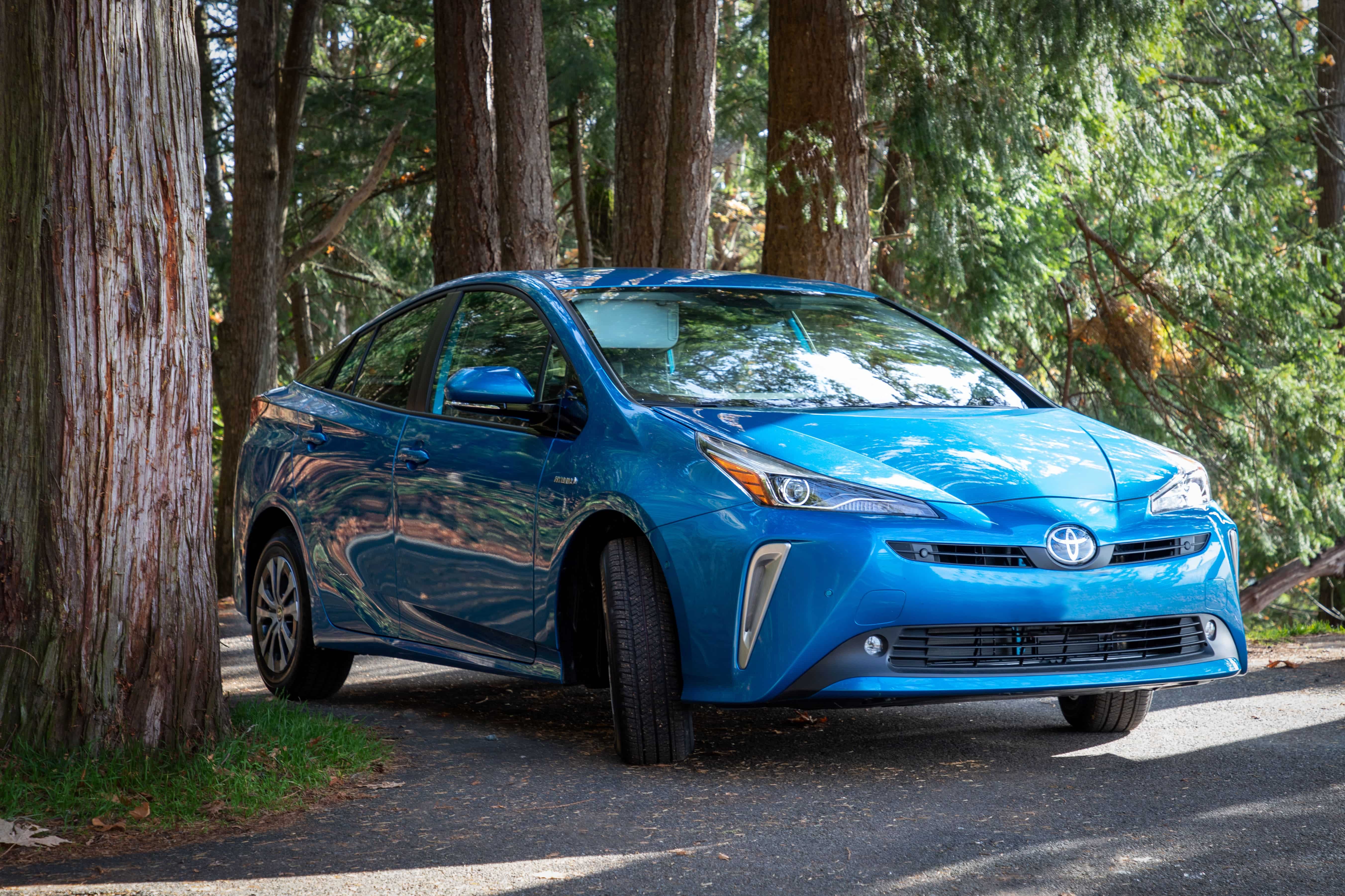toyota prius bleue dans une forêt
